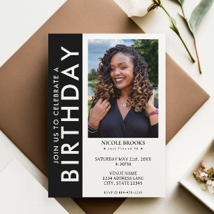 Black White Side Stripe Photo 50th Birthday Party Invitation