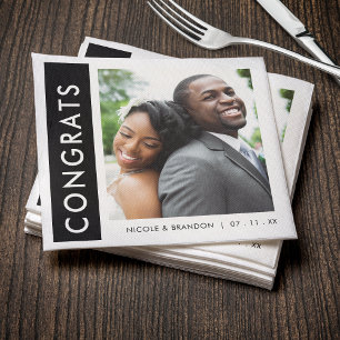 Black & White Side Stripe Photo Congrats Wedding Napkin