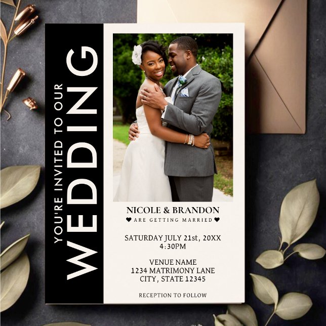 Black & White Side Stripe Photo Wedding Invitation (Black & White Side Stripe Photo Wedding Invitation)