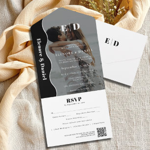 Black & White Side Wave QR code RSVP Photo Wedding All In One Invitation