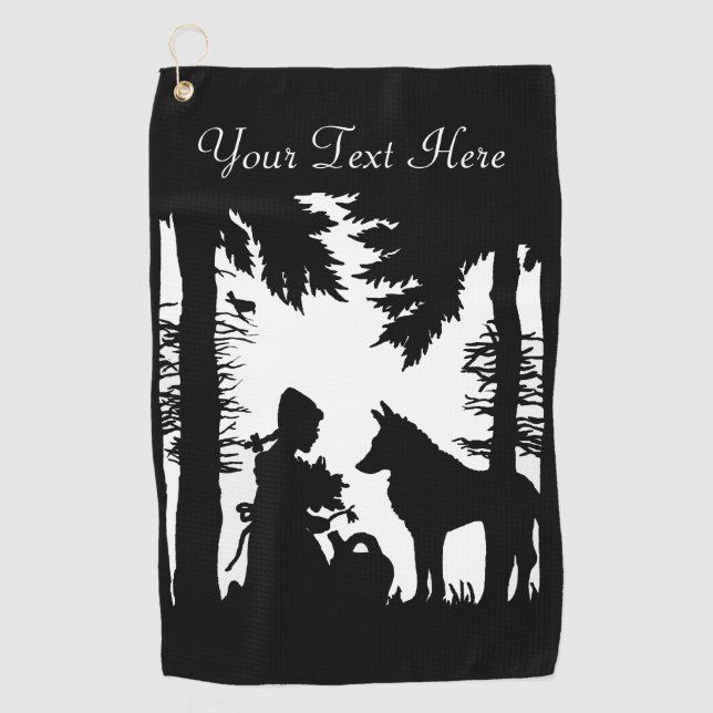 Black White Silhouette Riding Hood in Woods Wolf Golf Towel (Front)