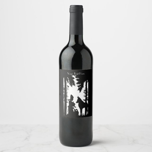 Black White Silhouette Riding Hood Wolf in Woods Wine Label (Front)