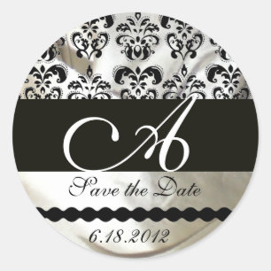 BLACK & WHITE SILK DAMASK CLOTH MONOGRAM CLASSIC ROUND STICKER
