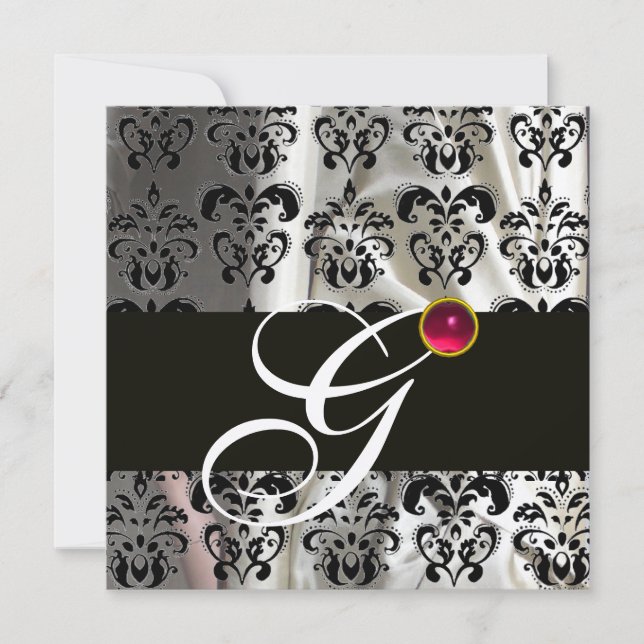 BLACK WHITE SILK DAMASK CLOTH MONOGRAM PINK RUBY INVITATION (Front)