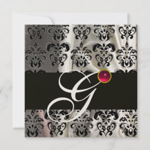 BLACK WHITE SILK DAMASK CLOTH MONOGRAM PINK RUBY INVITATION