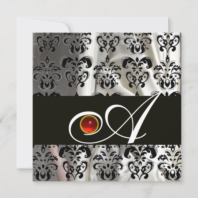 BLACK  WHITE SILK DAMASK CLOTH MONOGRAM  RED RUBY INVITATION (Front)
