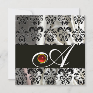 BLACK  WHITE SILK DAMASK CLOTH MONOGRAM  RED RUBY INVITATION