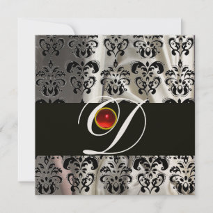 BLACK WHITE SILK DAMASK CLOTH MONOGRAM  RED RUBY INVITATION