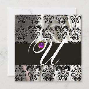 BLACK WHITE SILK DAMASK MONOGRAM PURPLE AMETHYST INVITATION