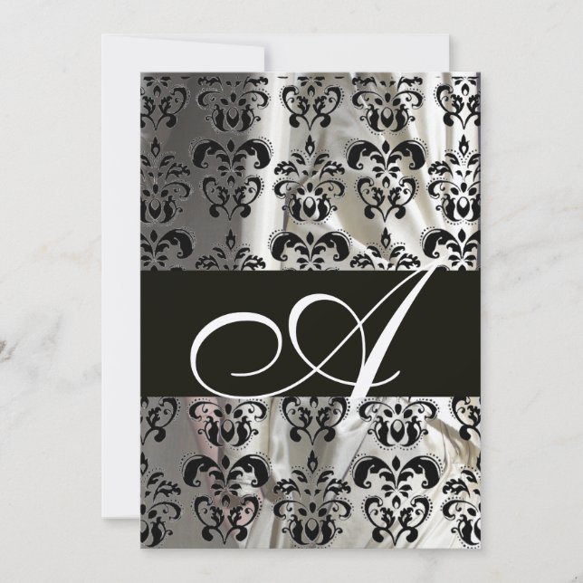 BLACK WHITE SILK DAMASK MONOGRAM SILVER INVITATION (Front)