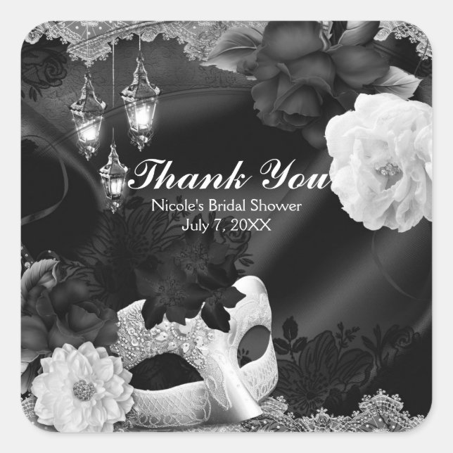 Black & White Silk Floral & Lace Masquerade Party Square Sticker (Front)