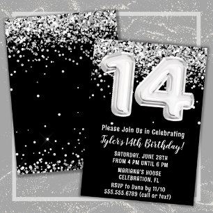 Black White Silver 14th Birthday Party Invitation