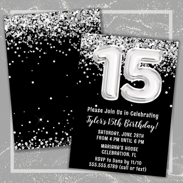 Black White Silver 15th Birthday Party Invitation (Black and White 15th Birthday Party Invitation)