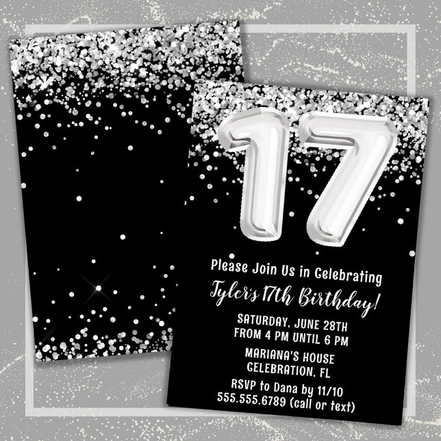 Black White Silver 17th Birthday Party Invitation (Black and White 17th Birthday Party Invitation)