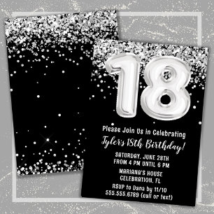 Black White Silver 18th Birthday Party Invitation