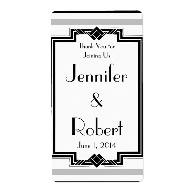 Black White Silver Art Deco Anniversary Wine Label (Front)