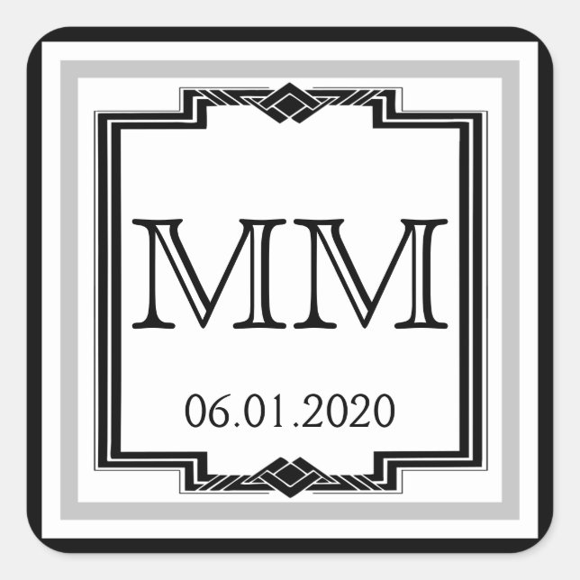 Black White Silver Art Deco Frame Monogram Sticker (Front)