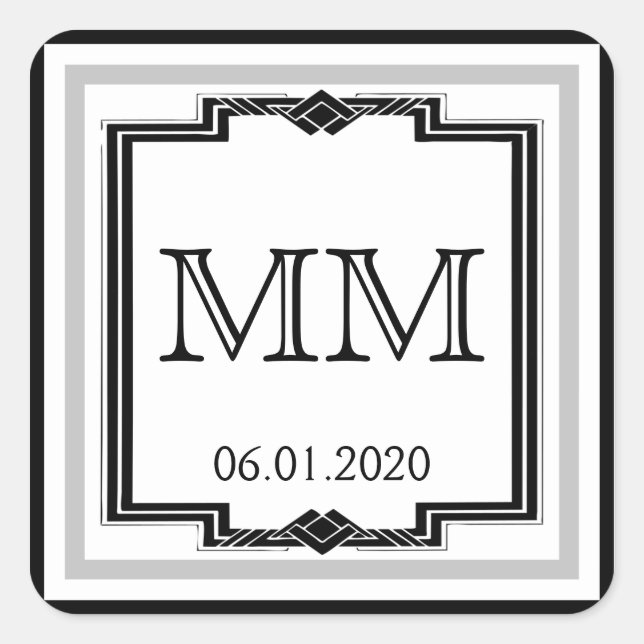 Black White Silver Art Deco Frame Monogram Sticker (Front)