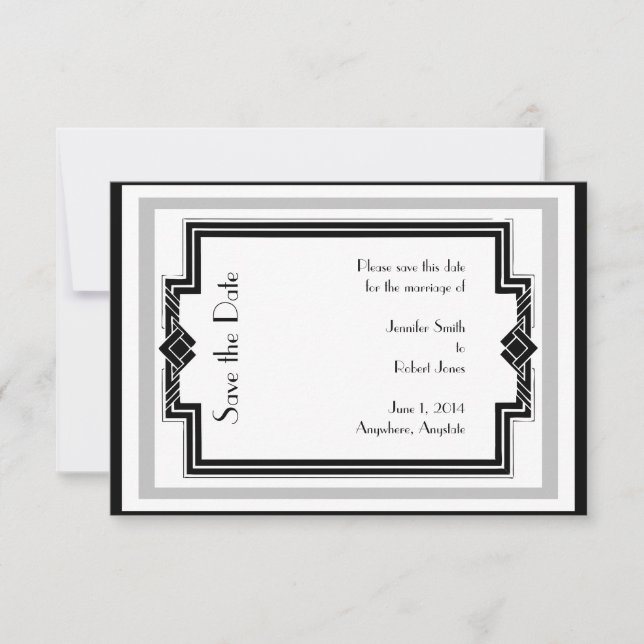 Black White Silver Art Deco Frame Save the Date (Front)