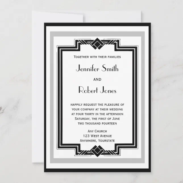 Black White Silver Art Deco Frame Wedding Invitation | Zazzle