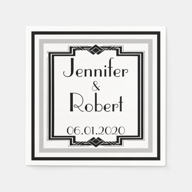 Black White Silver Art Deco Frame Wedding Napkin (Front)