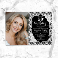 Black White Silver Damask Photo 50th Birthday
