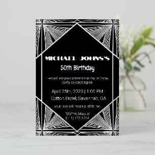 Black White Silver Elegant Art Deco Man Invitation