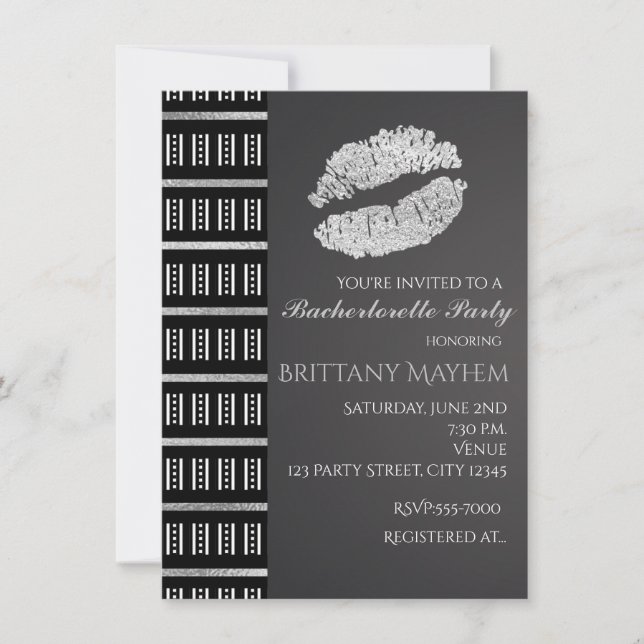 Black White & Silver Faux Shimmer Lips Kiss Party Invitation (Front)