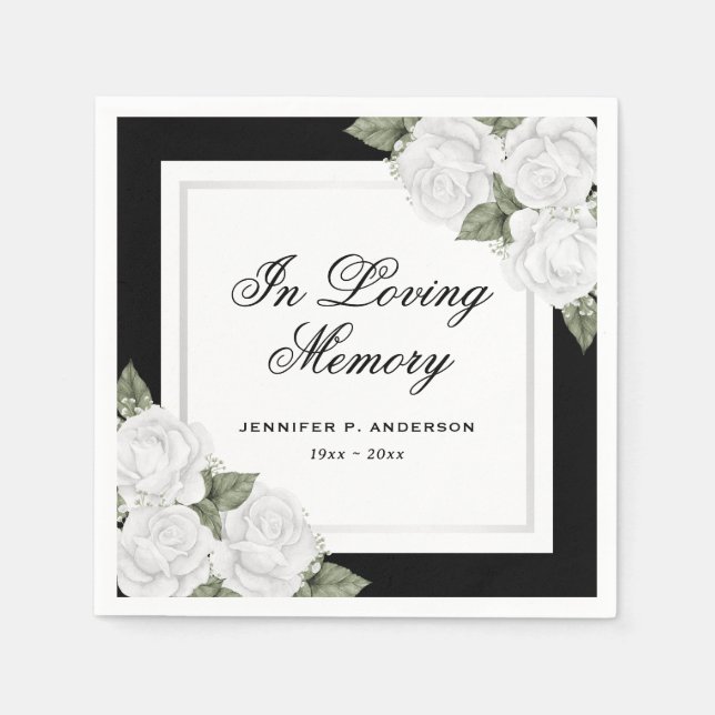 Black White Silver Floral Funeral Memorial Napkin (Front)