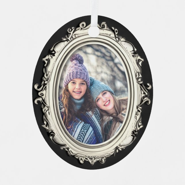 Black & White Silver Frame Personalised Photo Oval Metal Tree Decoration (Front)