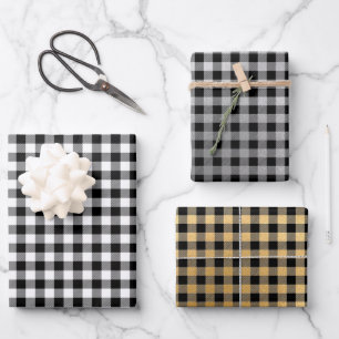 Black White Silver Gold Plaid    Wrapping Paper Sheet