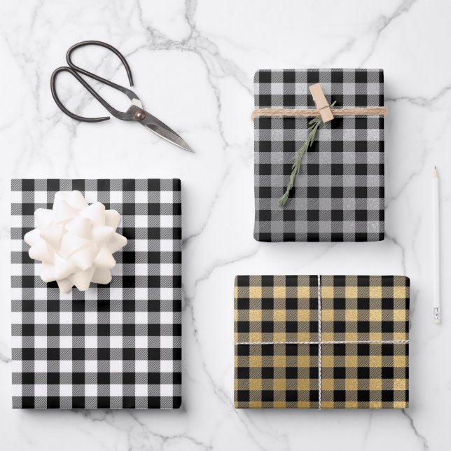 Black White Silver Gold Plaid    Wrapping Paper Sheet (Front)