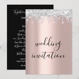 Black White Silver Grey Drips Rose Gold Wedding Invitation