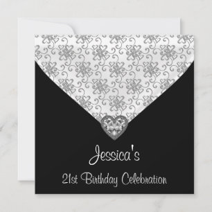 Black White Silver Hearts Jewel 21st Birthday Invitation