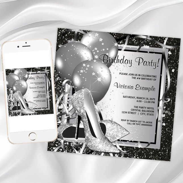 Black White Silver High Heel Woman Birthday Party Invitation (Black White Silver Birthday Party Invitation. Instant download - printed invitations available)