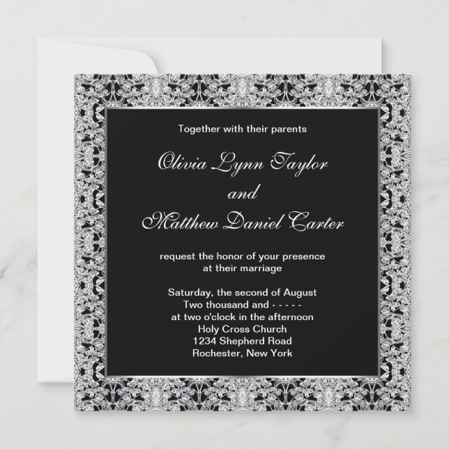 Black White Silver Lace Wedding Invitation (Front)