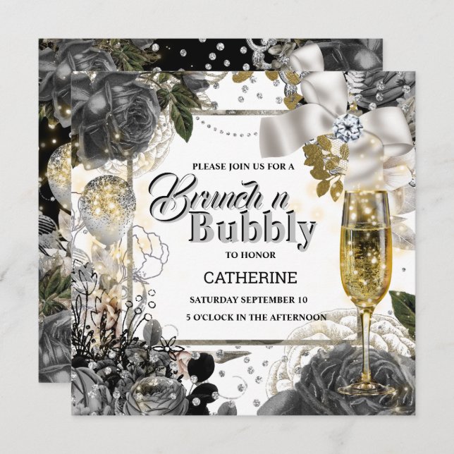 Black white silver rose shabby chic bubbly glitter invitation (Front/Back)