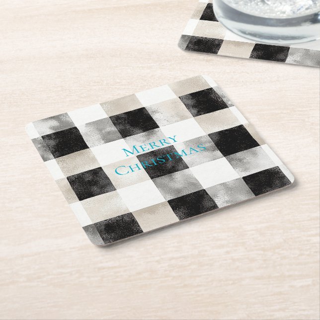 Black White Silver Rustic Stripes Christmas Square Paper Coaster (Angled)