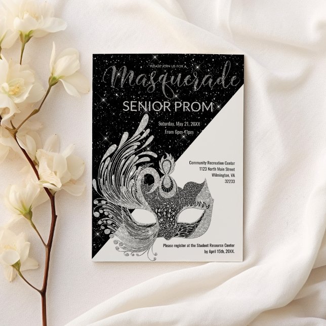 Black white silver sparkle glitter Masquerade Prom Invitation (Black white silver sparkle glitter Masquerade Prom)