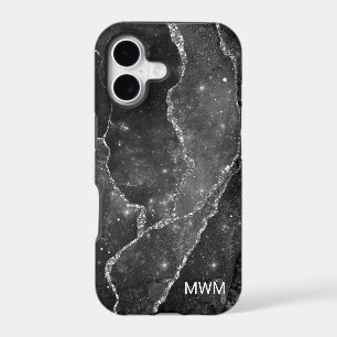 Black White Silver Veins Agate Monogram
