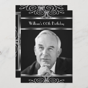 Black White Silver Vintage Deco Birthday Party Invitation