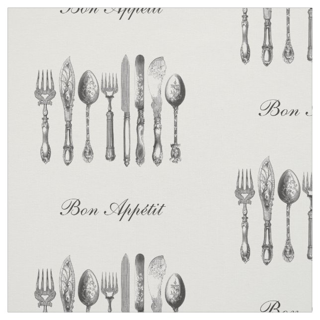 Black White Silverware Bon Appetit Custom Fabric (Swatch)