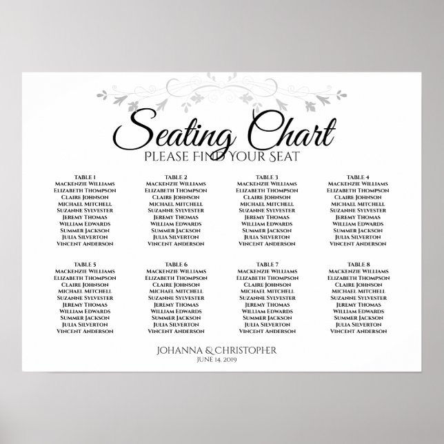 Black & White Simple 8 Table Wedding Seating Chart (Front)