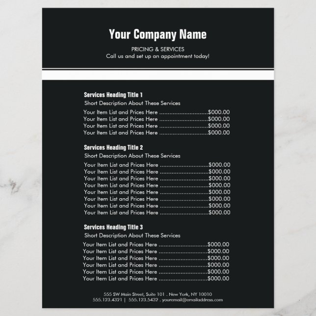 Black White Simple Border Price List 3 Flyer (Front)