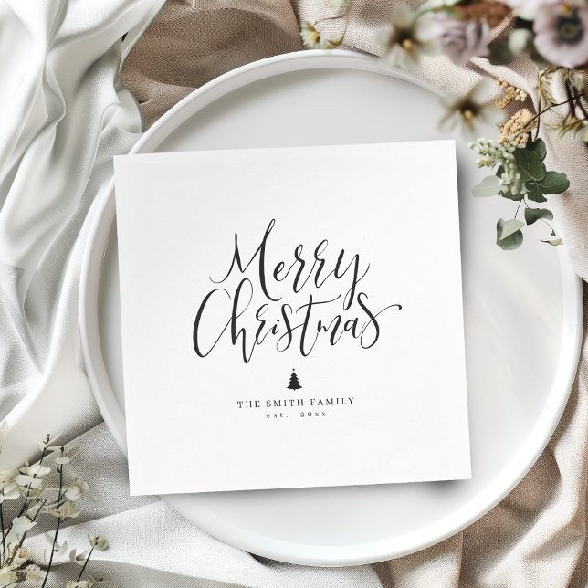 Black & White Simple Calligraphy Merry Christmas Napkin (Black & White Simple Calligraphy Merry Christmas Napkins)