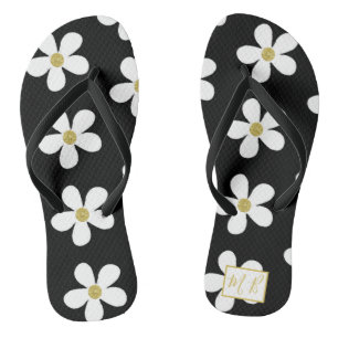 Black White Simple Daisy Gold Monogram Thongs