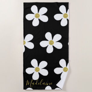 Black White Simple Daisy Gold Personal Beach Towel