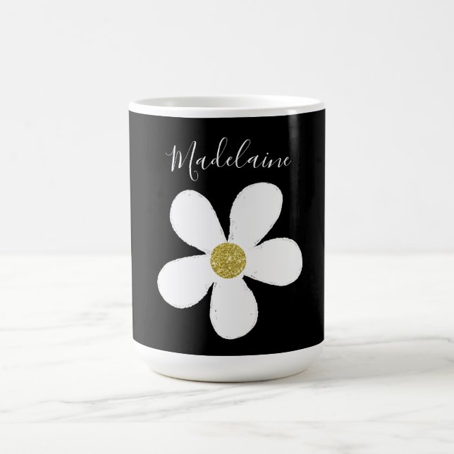 Black White Simple Daisy Gold Personal Coffee Mug (Center)
