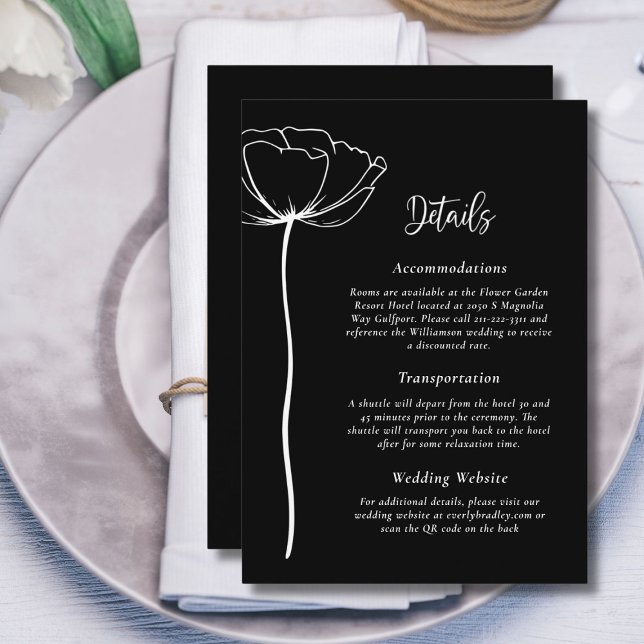 Black White Simple Elegant Floral Wedding Detail  Invitation (Creator Uploaded)