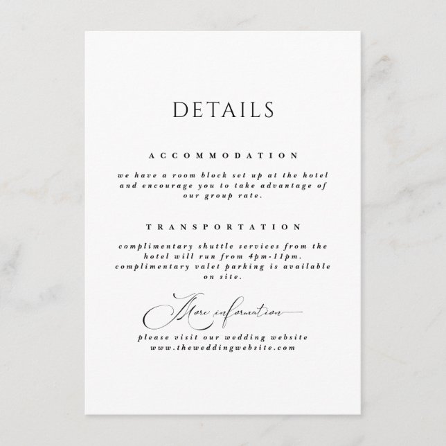 Black & White Simple Elegant Wedding Details Enclosure Card (Front)